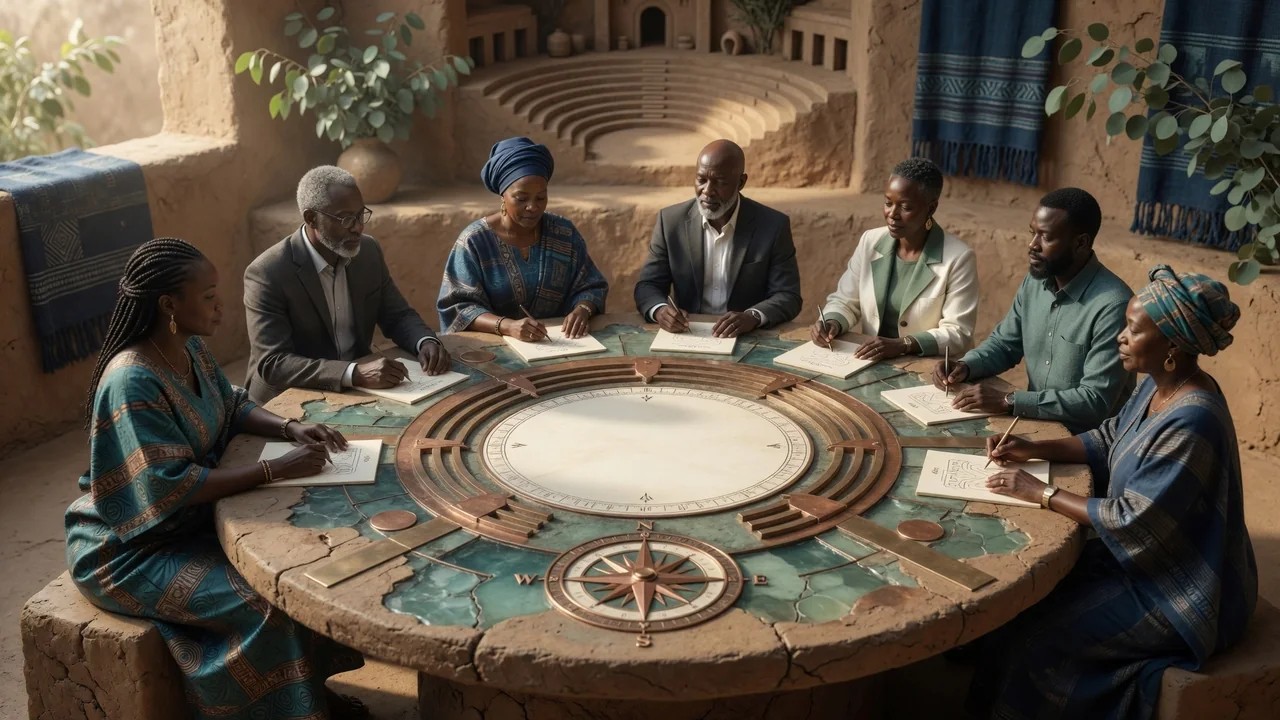 Editorial illustration of adult professionals working together around a circular table