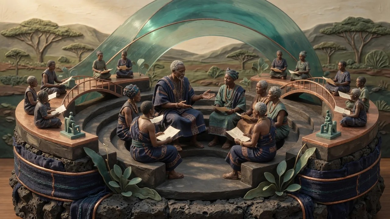 Editorial illustration of adult educators gathered in a circular learning space